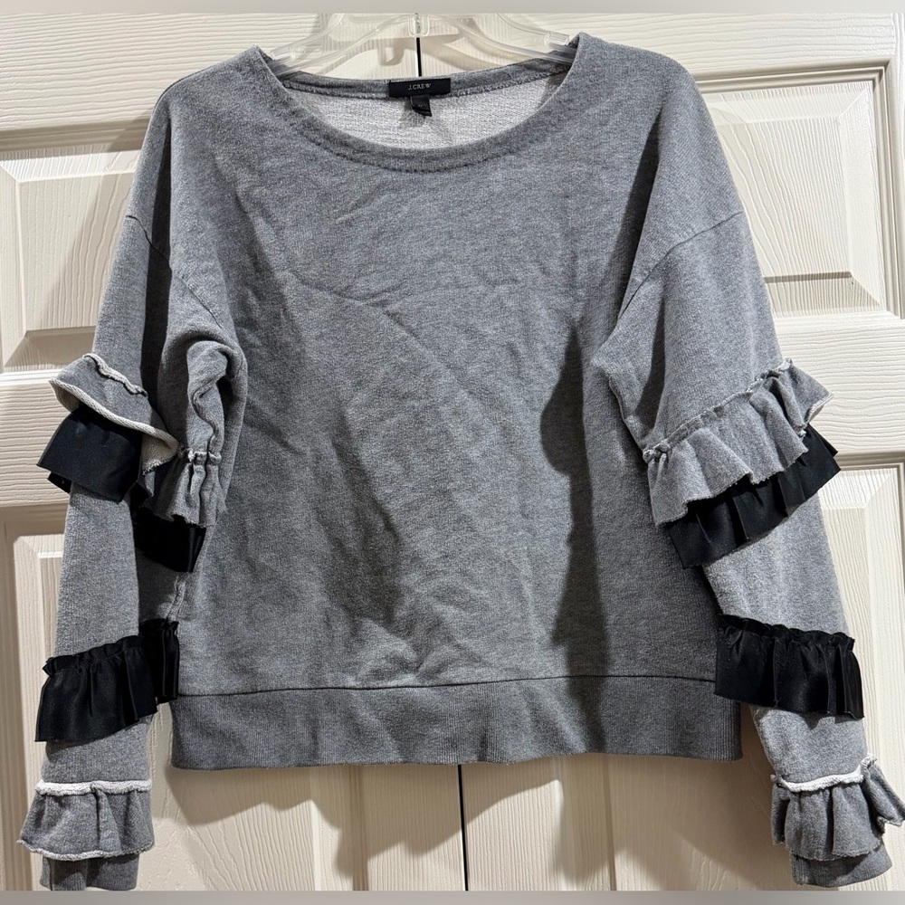 J. Crew Gray Ruffle-Sleeve Sweatshirt